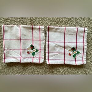 Vintage, 2 white w/ red plaid napkins/tea towels & strawberry embroidery design